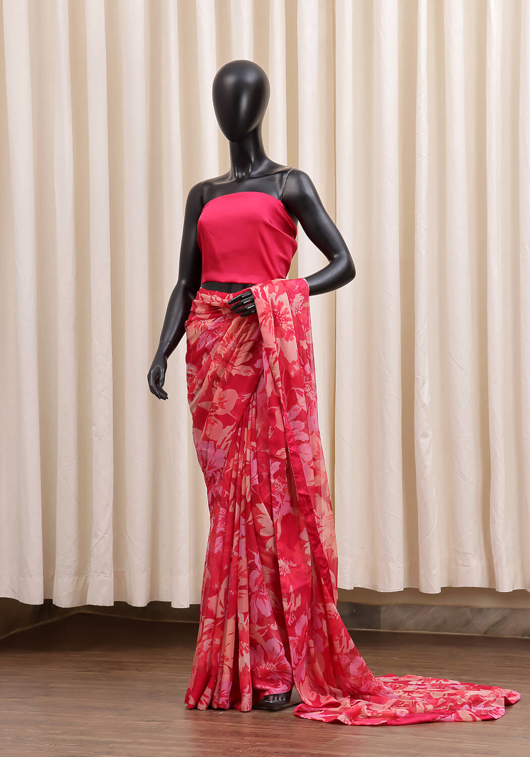 Chiffon Printed Saree - Red & Pink