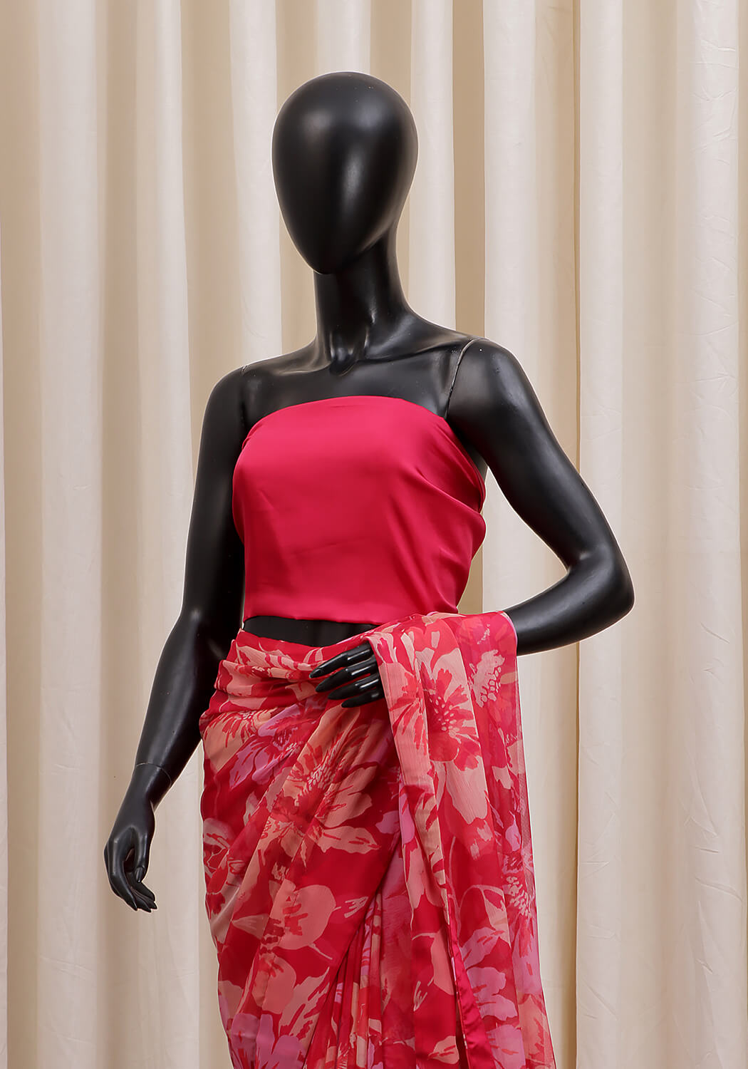 Chiffon Printed Saree - Red & Pink