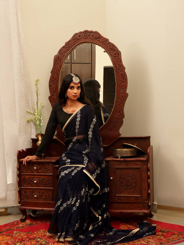 Glittery Chiffon Saree - Navy Blue