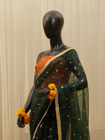 Organza Embroidered  Saree – Bottle Green