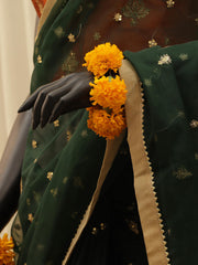 Organza Embroidered  Saree – Bottle Green
