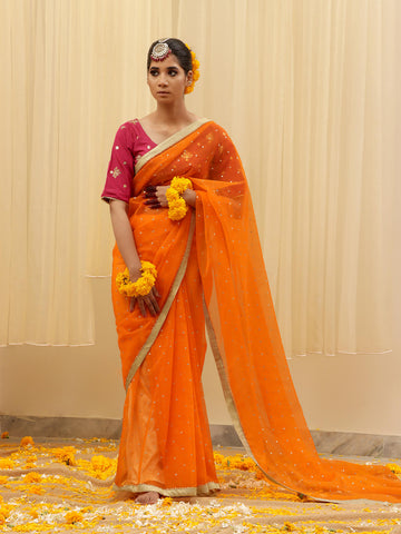 Organza Embroidered  Saree – Orange