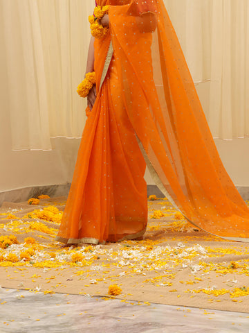 Organza Embroidered  Saree – Orange