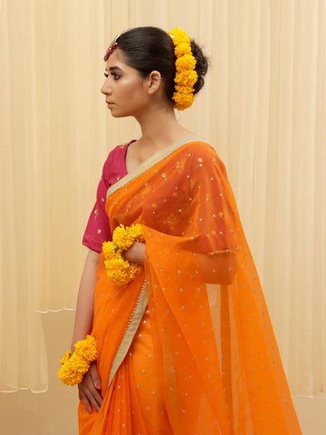 Organza Embroidered  Saree – Orange