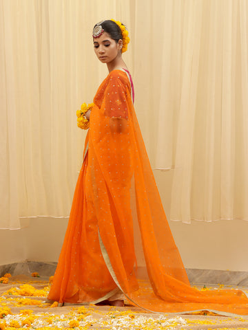 Organza Embroidered  Saree – Orange