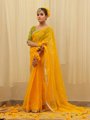 Organza Embroidered  Saree – Yellow