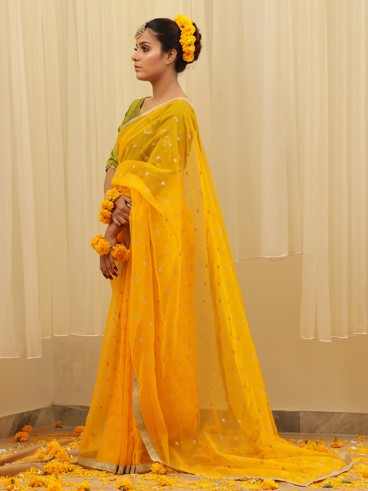 Organza Embroidered  Saree – Yellow