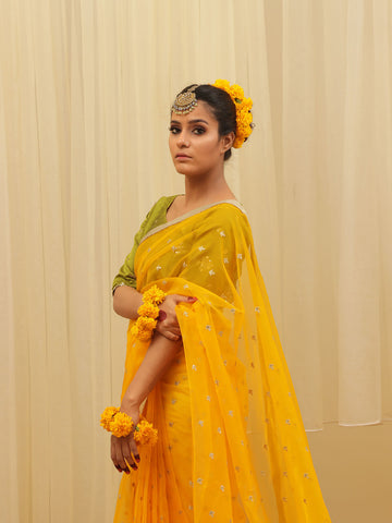 Organza Embroidered  Saree – Yellow