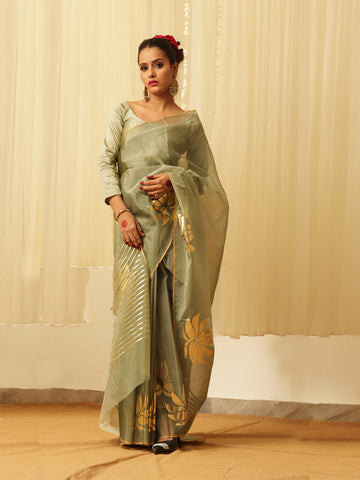 Organza Foil Saree - Dusty Green