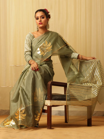 Organza Foil Saree - Dusty Green