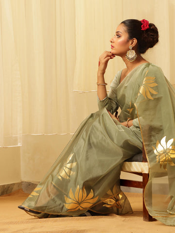 Organza Foil Saree - Dusty Green