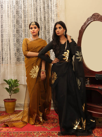 Organza Foil Saree - Mustard