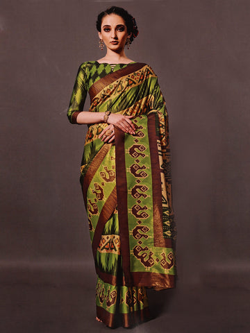 Pashmina Silk Saree - Green & Brown