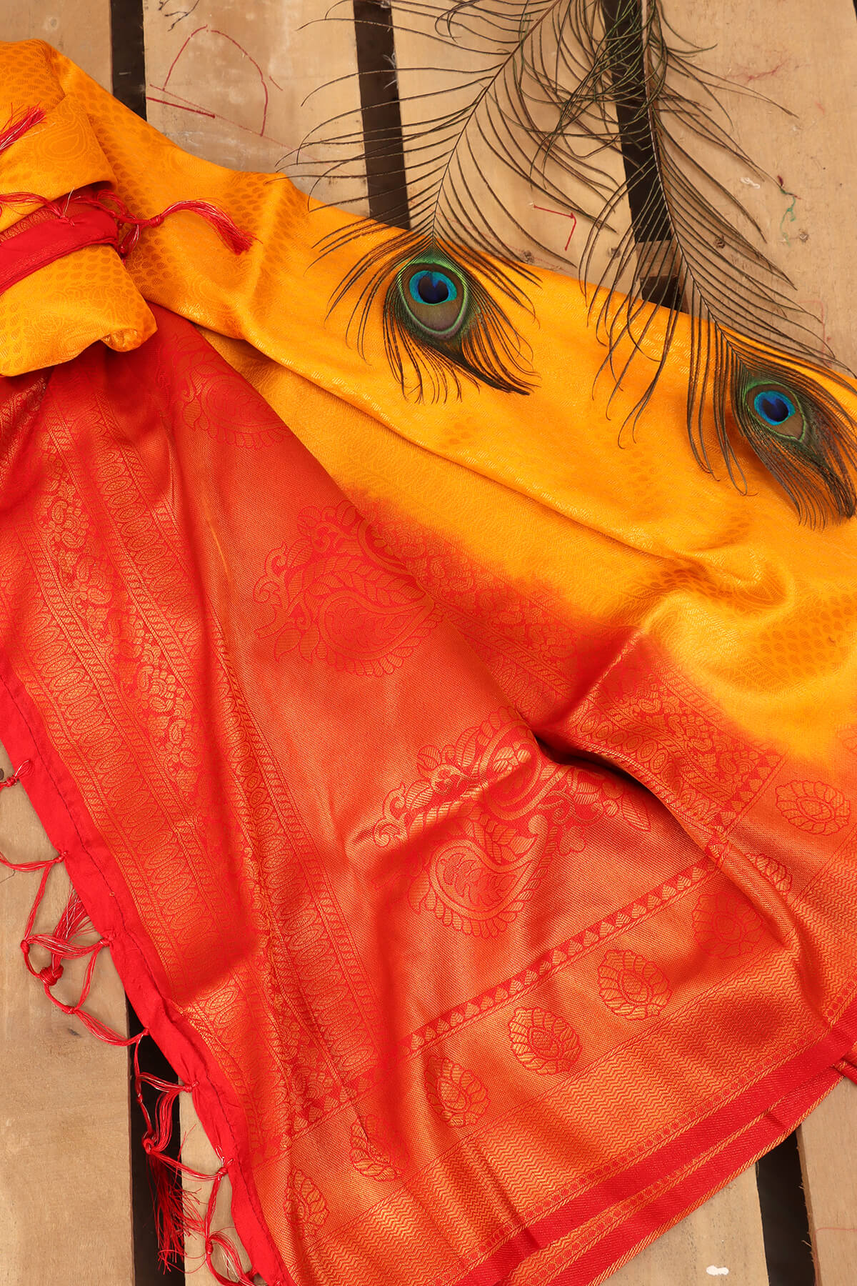 Silk Banarasi Saree - Saffron Yellow with Red