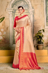 Silk Banarasi Saree - Peachy Fawn with Red