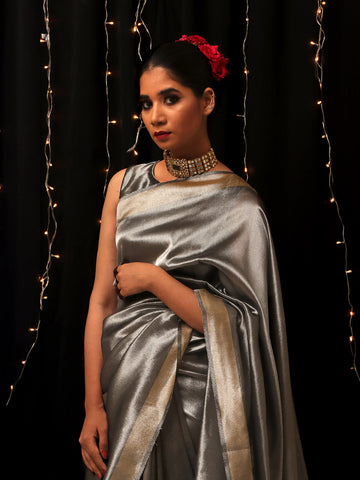 Chanderi Tissue Saree - Metallic Silver