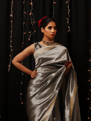 Chanderi Tissue Saree - Metallic Silver