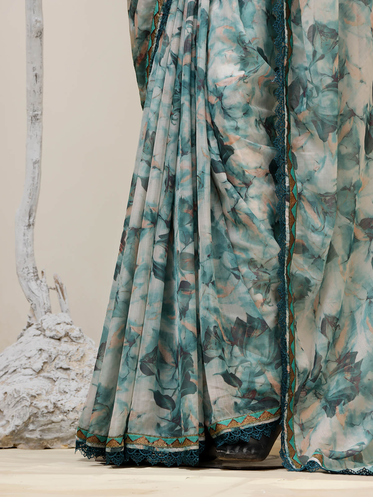 Abstract Floral Printed Saree - Teal
