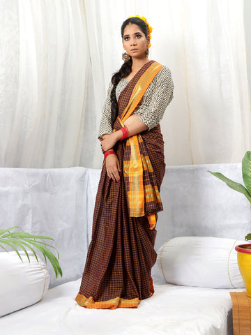 Checkered Mangalagiri Saree - Dark Brown & Rust