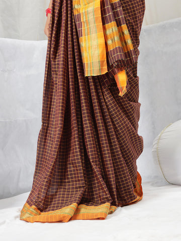 Checkered Mangalagiri Saree - Dark Brown & Rust