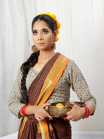 Checkered Mangalagiri Saree - Dark Brown & Rust