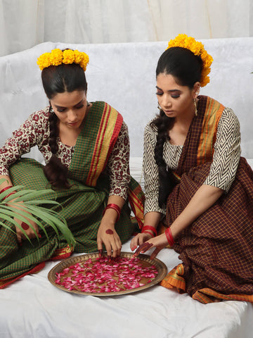 Checkered Mangalagiri Saree - Dark Brown & Rust