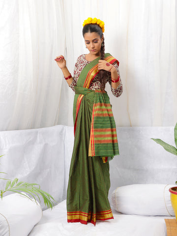 Checkered Mangalagiri Saree - Green & Red