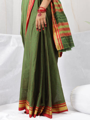 Checkered Mangalagiri Saree - Green & Red