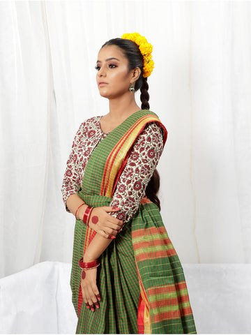 Checkered Mangalagiri Saree - Green & Red