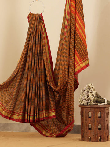 Checkered Mangalagiri Saree - Brown & Red