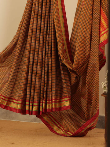 Checkered Mangalagiri Saree - Brown & Red