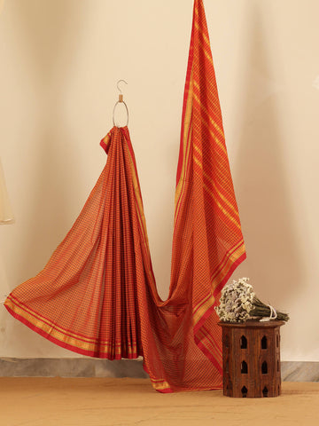 Checkered Mangalagiri Saree - Orange & Red