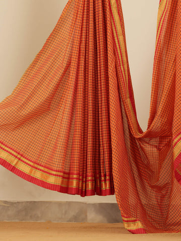 Checkered Mangalagiri Saree - Orange & Red