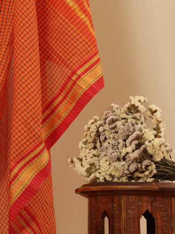 Checkered Mangalagiri Saree - Orange & Red