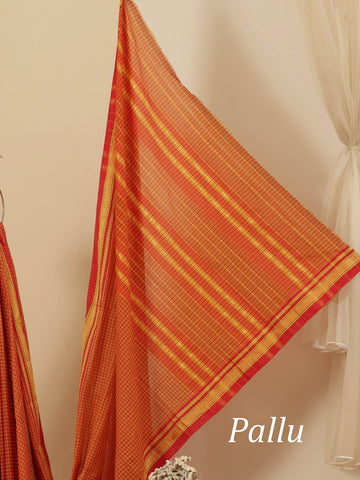 Checkered Mangalagiri Saree - Orange & Red