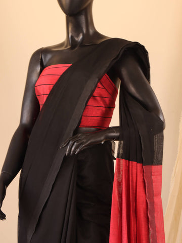 Khaddi Cotton Silk - Black with Watermelon Red