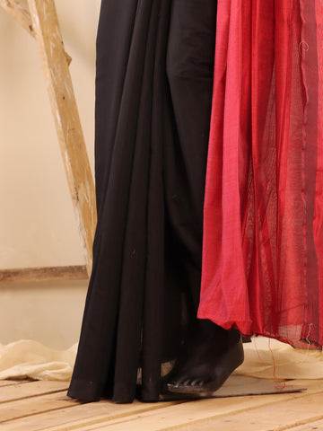 Khaddi Cotton Silk - Black with Watermelon Red