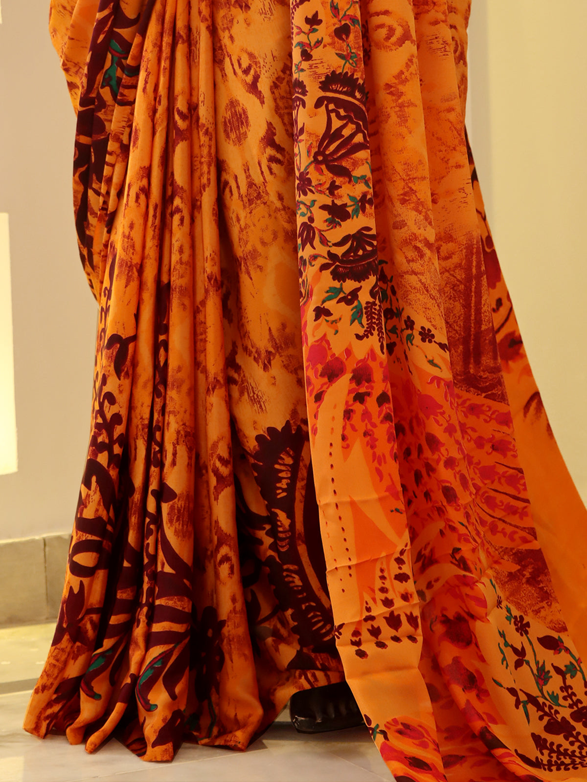 Crepe Silk Abstract Printed Saree - Rusty Orange
